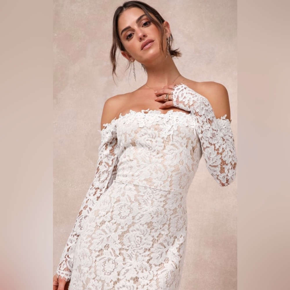 Embroidered lace over lining wedding gown off shoulders lulus